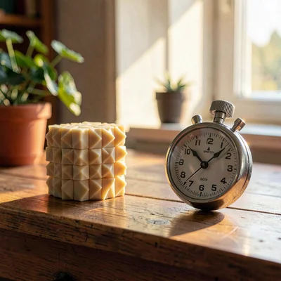 Pro-spec twisty puzzle next to a stopwatch on a wooden desk, warm afternoon glow