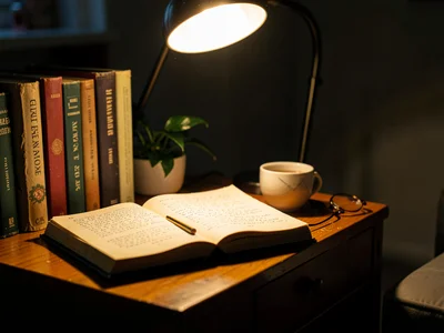 Books and tea dramatic side-lit arrangement on side table