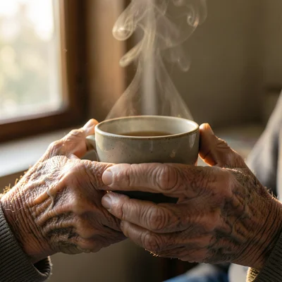 Elderly hands holding a cup of tea, the warmth visible in the relaxed grip, stea