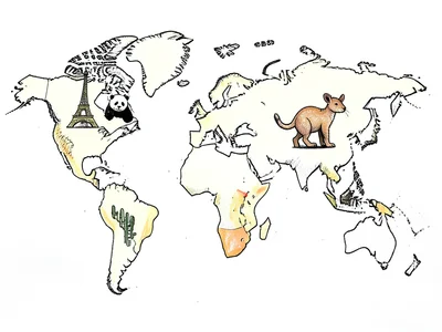 A hand-drawn world map with doodle icons on each continent: Eiffel Tower, panda,
