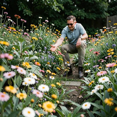 Documentary photography, unposed moment, Native plants garden with pollinator-fr