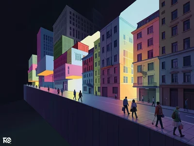 City street where buildings grow horizontally from a vertical wall, people walki