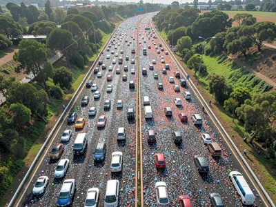 Highway overhead with vehicles dense as particles