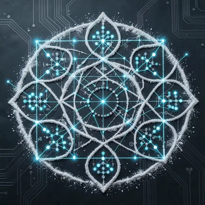 Pulli kolam dots as IC pin layout, mathematical grid connecting to organic kolam