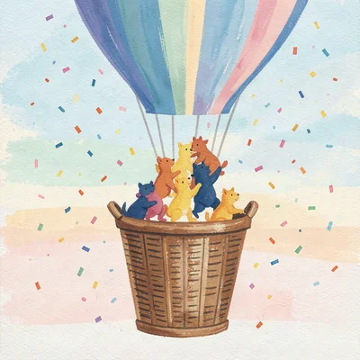 Queue of small animal silhouettes climbing into a tall basket that floats up lik