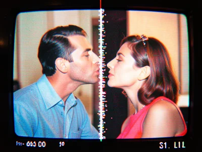 A soap opera scene with two people about to kiss, split by a band of noise