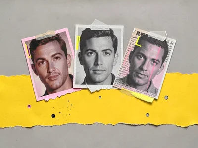Three identical halftone faces clipped from a magazine fan out like cards above 