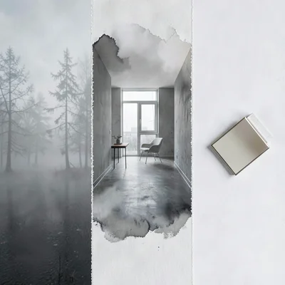 Triptych montage of a single project across phases, a misty exterior plate along