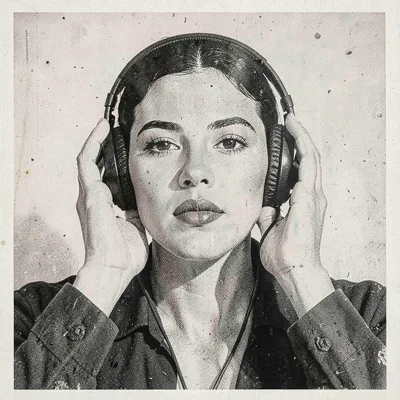 Risograph-style illustration, person listening to headphones , spot color layer 
