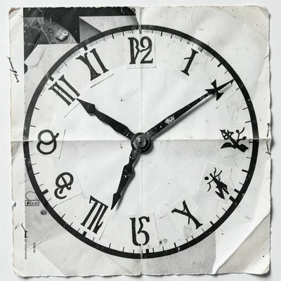 A clock face with the numbers replaced by cut-out zodiac symbols, the hands made