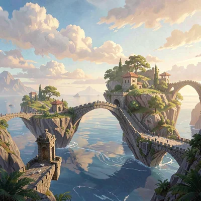 Painterly zone vista of a floating sky archipelago connected by stone bridges