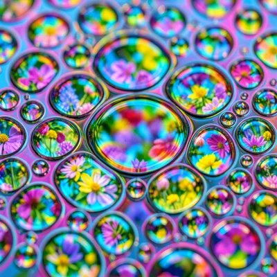Oil droplets floating on water reflecting spring flowers beneath, macro