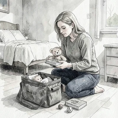 Mother kneeling on a bedroom floor packing a bug-out bag, photo albums and a chi