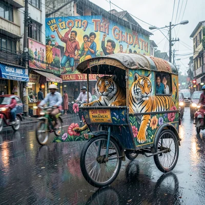 Kinetic density of Dhaka, Bangladesh, Colorful rickshaw art panel depicting a Bo