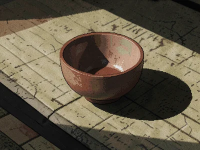 A single chipped tea bowl resting off-center on a worn tatami mat with afternoon