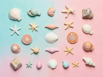 Rich knolling flat-lay of thirty pastel-toned beach souvenirs arranged with math