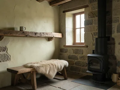 Restored stone cottage interior with lime-washed walls, single sheepskin on a wo