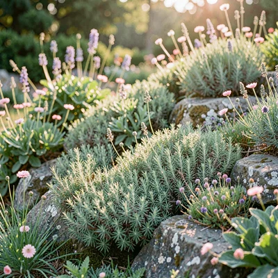 Atmospheric garden photo of an alpine rockery in full bloom with creeping thyme
