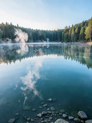 Finnish lake mirror, dead-calm reflection, breath visible in cold air after emer
