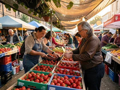 A farmers market at dawn, a vendor setting up strawberry boxes, dew on the berri