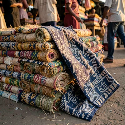 Saturated textile-rich photograph, Stack of woven floor mats in market, geometri