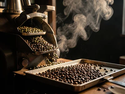 A coffee roaster mid-batch: green beans going in, dark roasted beans cooling on 