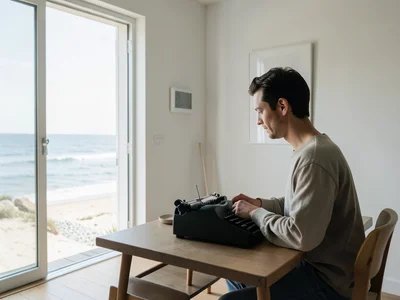 Writer typing on vintage typewriter at beach house, ocean visible through open d