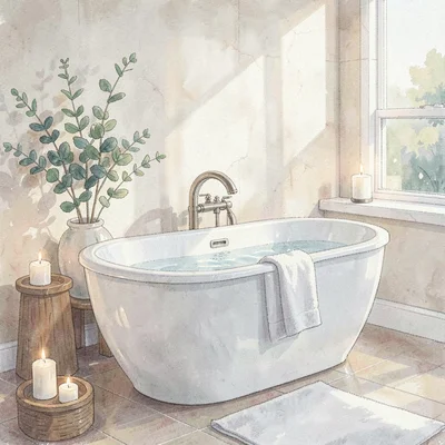 spa-like primary bath with freestanding tub, candles, eucalyptus, soft window li