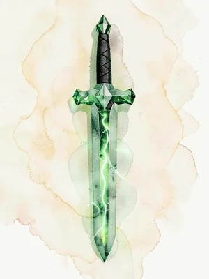 Emerald-glass faceted lowpoly broadsword stood point-down with internal green li