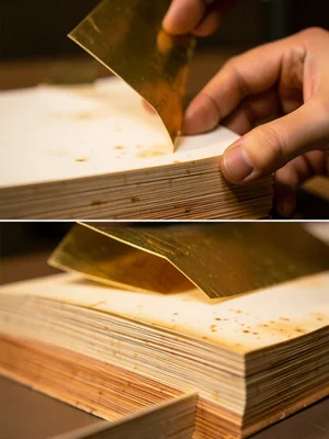 Fingers applying gold leaf to a book spine, thin sheets floating