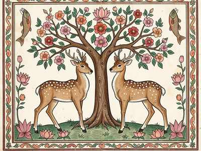Deer pair beneath a flowering tree — delicate legs, spotted bodies, looking towa