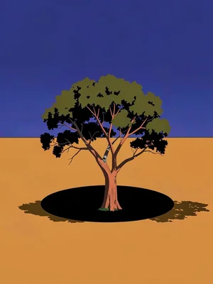 Isolated copper-bark tree stands on a vast ochre plain under a deep lapis sky, h