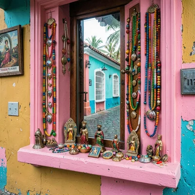 Salvador Pelourinho color, Bahian colonial saturation, Colorful beaded necklaces