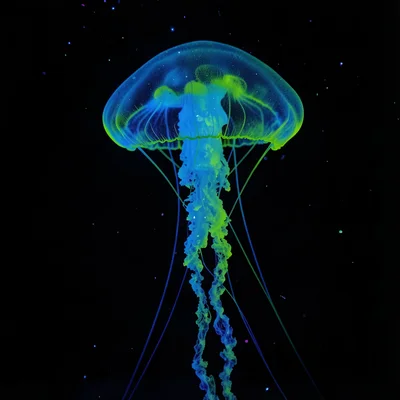 A fluorescent jellyfish in dark water, its umbrella and trailing tentacles glowi