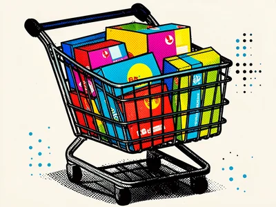 Shopping cart filled with primary-colored packaging boxes, halftone shadows