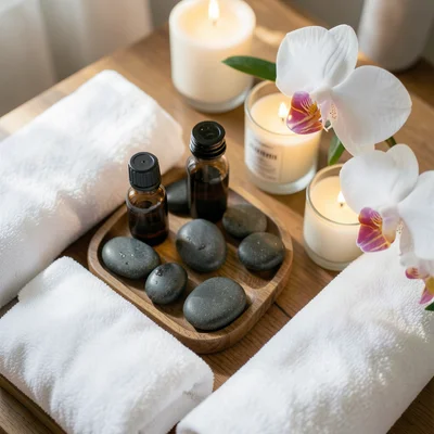 Overhead view of a spa setup: essential oils, hot stones, white towels, orchid, 