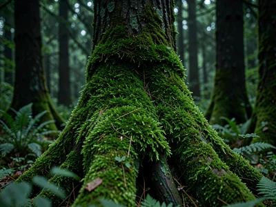 Tree base moss collar in deep forest