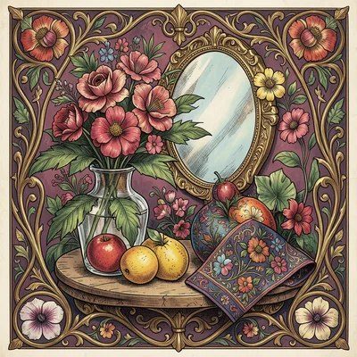 Frida Kahlo-inspired still life: tropical flowers, fruit, mirror, and embroidere
