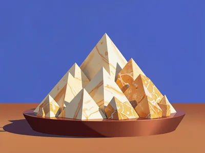 Salt mine pyramids of cream and ochre crystals rise on a copper-red basin under 