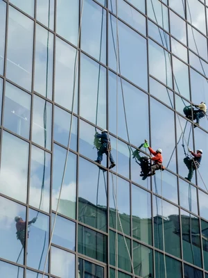 Window washers on a glass building, their ropes the only curves among right angl