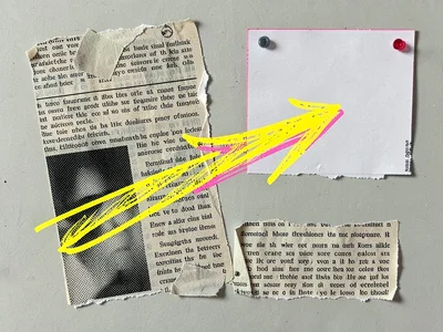 Scribbled fluorescent yellow arrow drawn across torn newsprint points at an empt