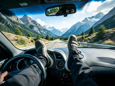 Person's feet on dashboard through car window, scenic mountain road ahead