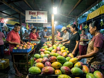 Humid tropical market light in Suva, Fiji, Piles of ripe mangoes at a market sta