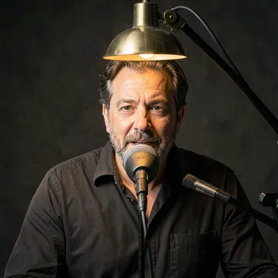 Studio portrait of a poet at a microphone under a single brass lamp, dark backdr