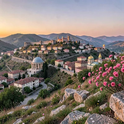 Historical layers visible simultaneously in Plovdiv, Bulgaria, spring evening li