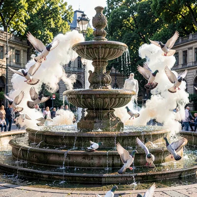 Public fountain, water become silk, pigeons taking flight as slow explosions