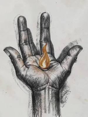 Tall ig-launch charcoal of a single open palm cradling a small ochre flame, smud