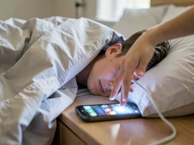 Hand reaching from under covers toward buzzing phone on nightstand, face still b