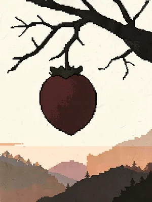 Silhouetted persimmon hanging from a bare branch outlined against a pale washi-p