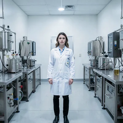 Precise geometric composition, industrial clarity, Portrait of woman in lab coat